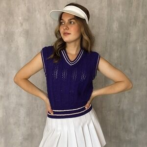 Vintage 80s Marcia Purple Knit Sweater Vest USA Cable Crochet Preppy Tenniscore